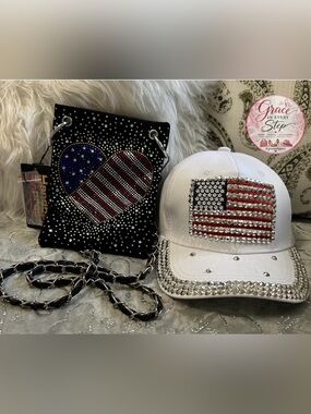 NWT Handbag Express Black Beaded Heart Bag & American Flag White Baseball Cap